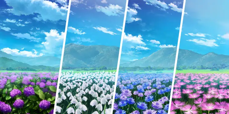 紫陽花・スノードロップ・ヤグルマギク・ナデシコ