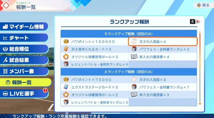 パワプロ2026_マイ選手リーグ_ランク報酬