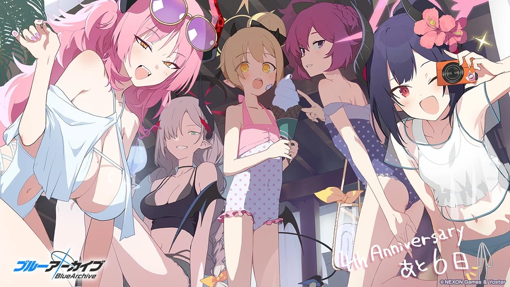 4周年カウントダウンイラスト_水着万魔殿_ブルアカ