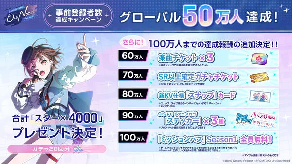 「BanG Dream! Our Notes」事前登録者数がグローバル50万人達成！100万人までの達成報酬の追加も決定！