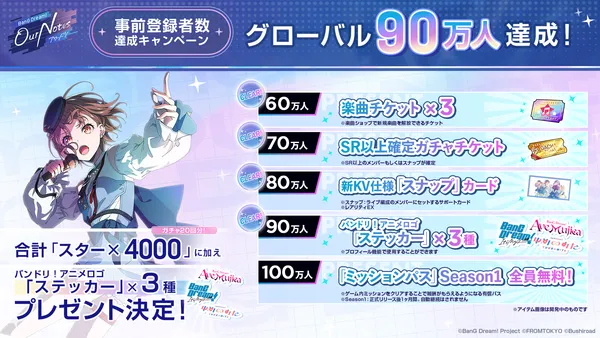 新作リズムゲーム「BanG Dream! Our Notes」事前登録者数がグローバル90万人達成！