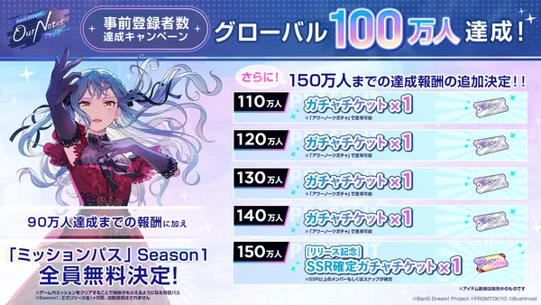 「BanG Dream! Our Notes」事前登録者数がグローバル100万人達成！150万人までの追加達成報酬も新たに解禁！