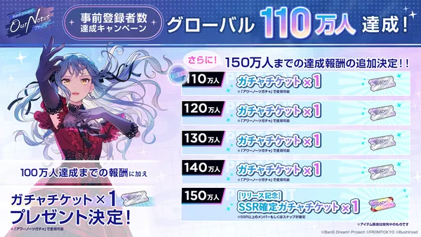 「BanG Dream! Our Notes」事前登録者数がグローバル110万人達成！150万人までの追加達成報酬も展開中