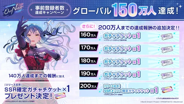 「BanG Dream! Our Notes」事前登録者数がグローバル150万人達成！200万人までの追加達成報酬も新たに解禁！